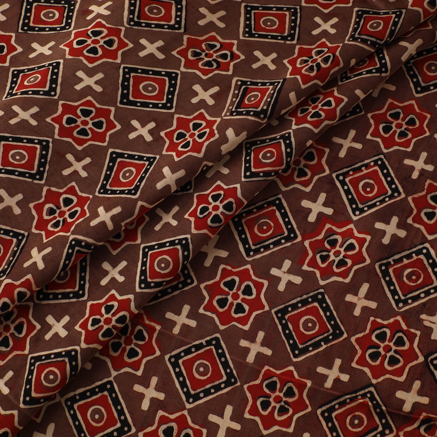 Brown - Ajrakh Hand Block Print Natural Dyed Modal Silk Fabric 44