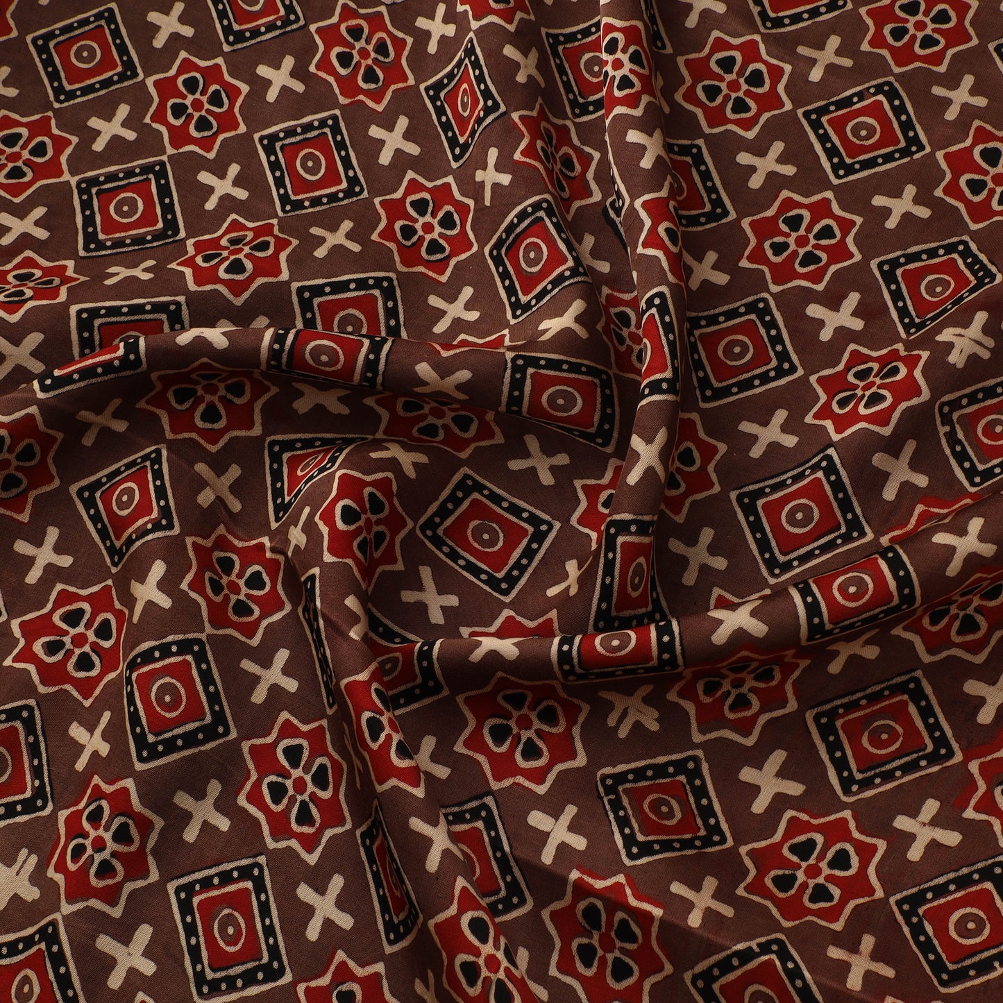 Brown - Ajrakh Hand Block Print Natural Dyed Modal Silk Fabric 44