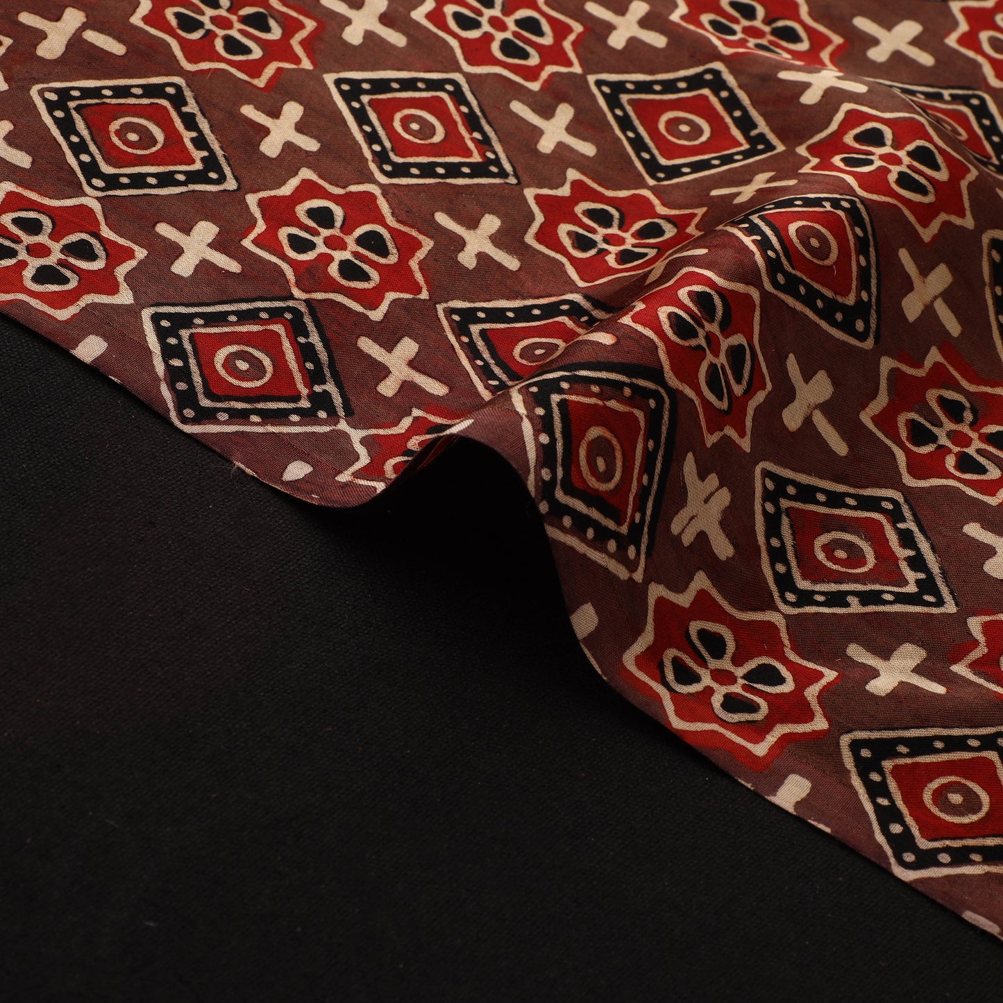 Brown - Ajrakh Hand Block Print Natural Dyed Modal Silk Fabric 44