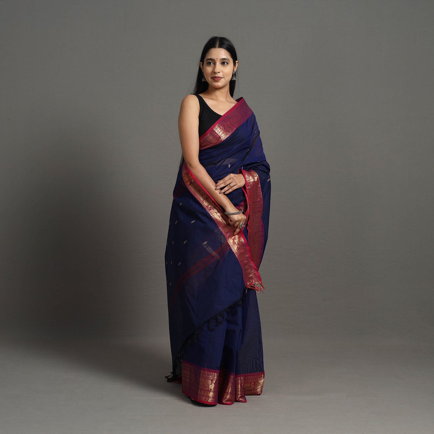 Blue - Kanchipuram Cotton Saree with Buti & Thread Border 29