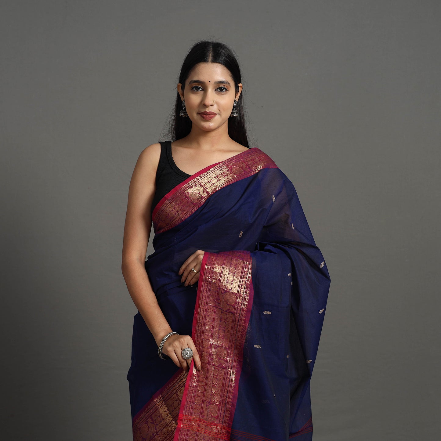 Blue - Kanchipuram Cotton Saree with Buti & Thread Border 29