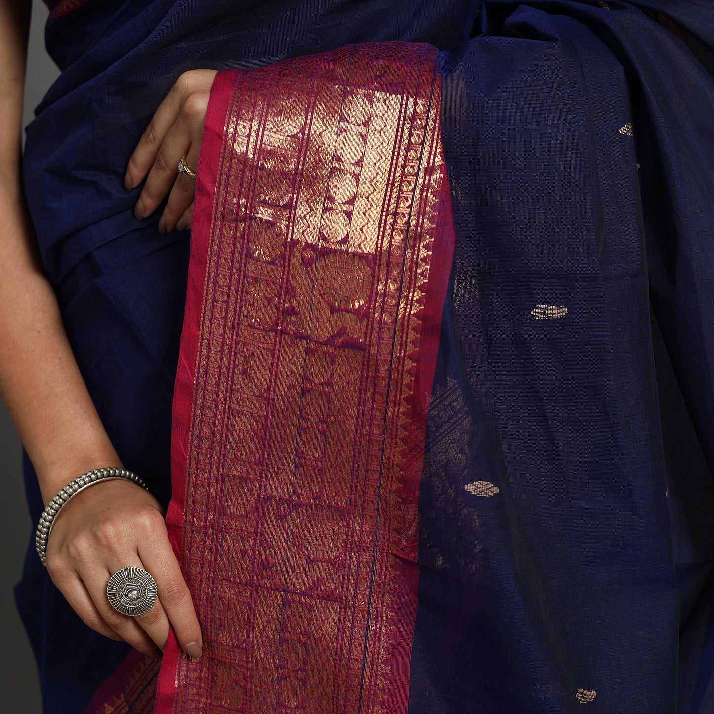 Blue - Kanchipuram Cotton Saree with Buti & Thread Border 29