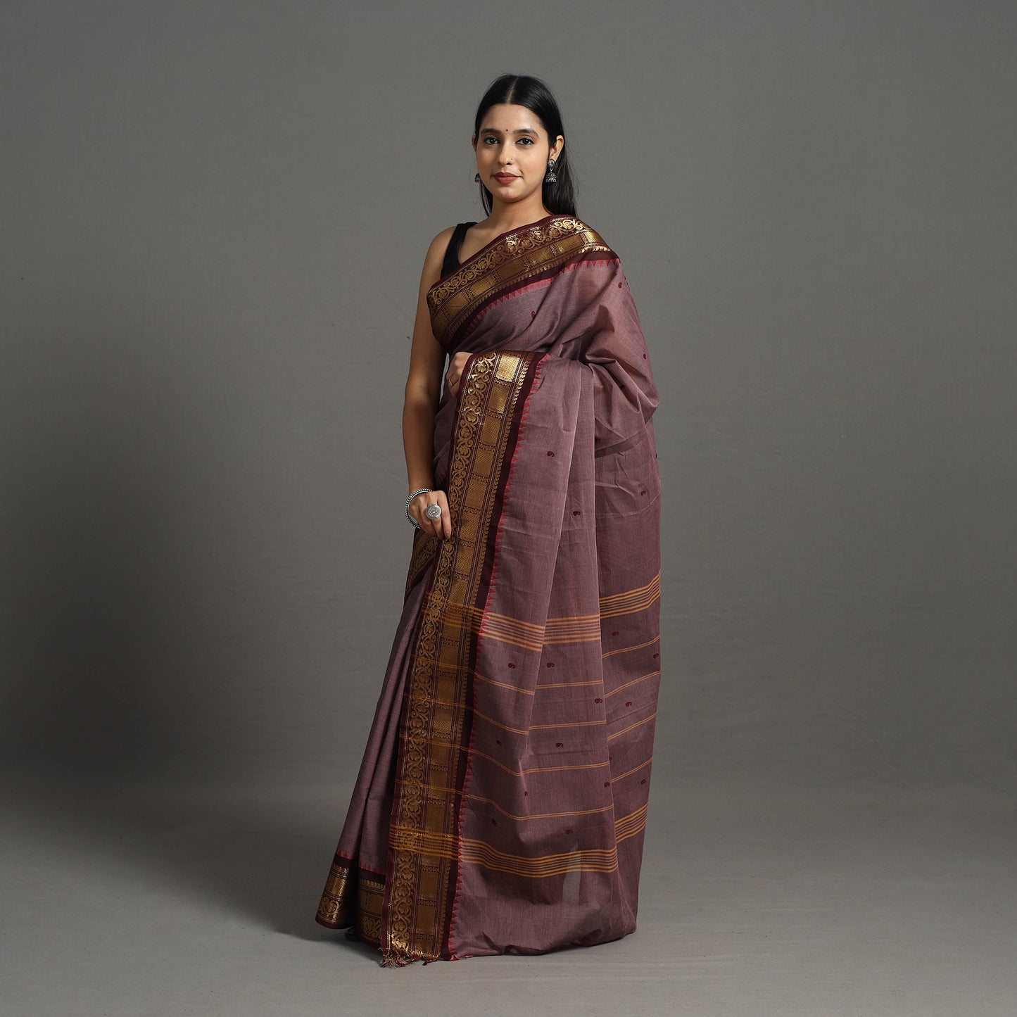 Brown - Kanchipuram Cotton Saree with Buti & Thread Border 35