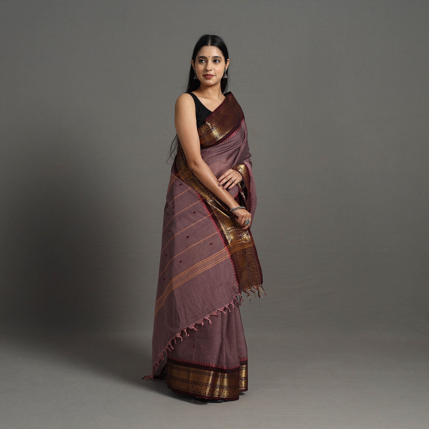 Brown - Kanchipuram Cotton Saree with Buti & Thread Border 35