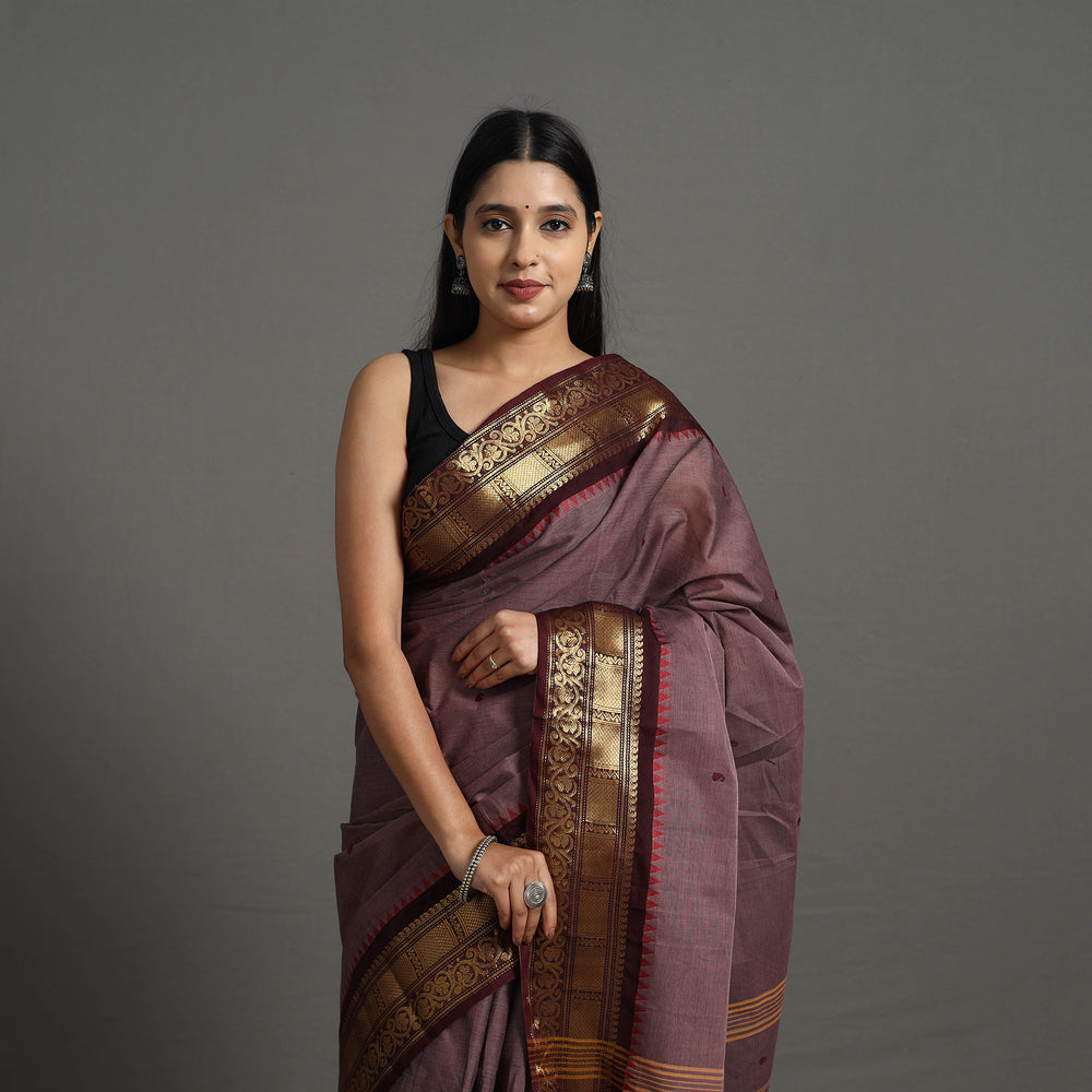 Brown - Kanchipuram Cotton Saree with Buti & Thread Border 35