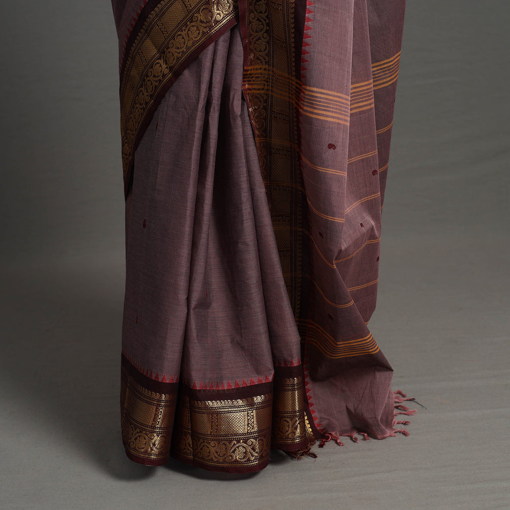 Brown - Kanchipuram Cotton Saree with Buti & Thread Border 35