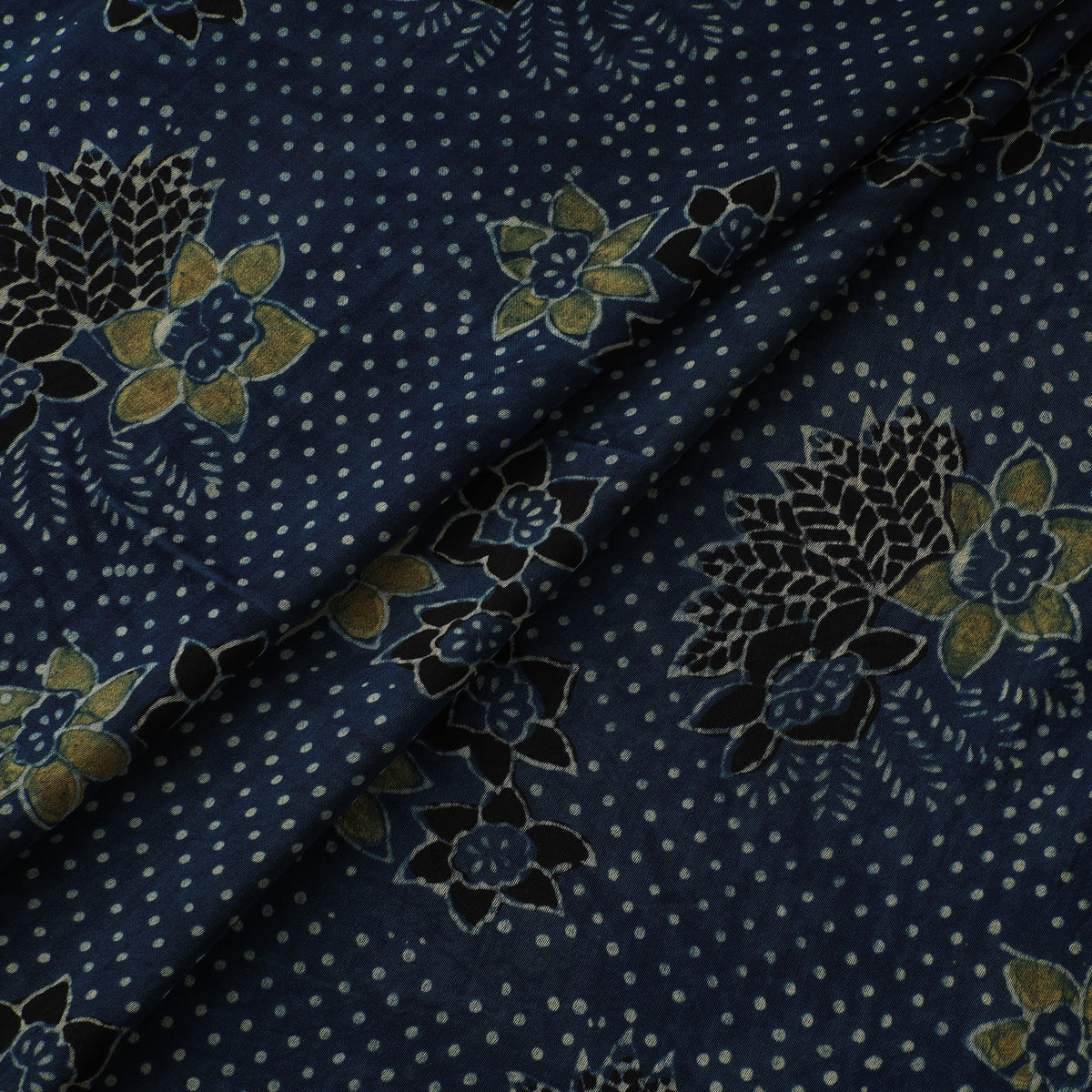 Blue - Ajrakh Hand Block Print Natural Dyed Modal Silk Fabric 55