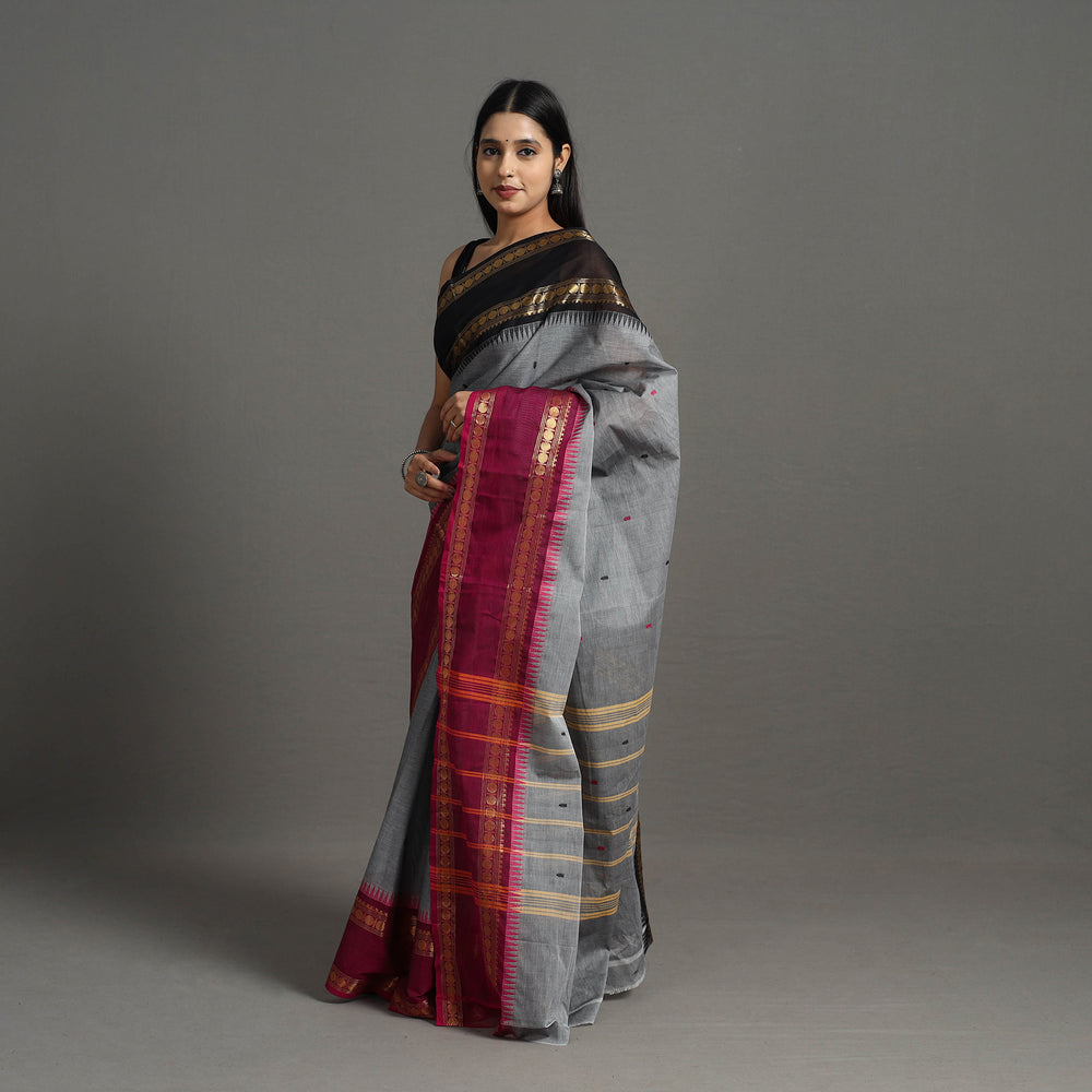 Grey - Kanchipuram Cotton Saree with Buti & Thread Border 37