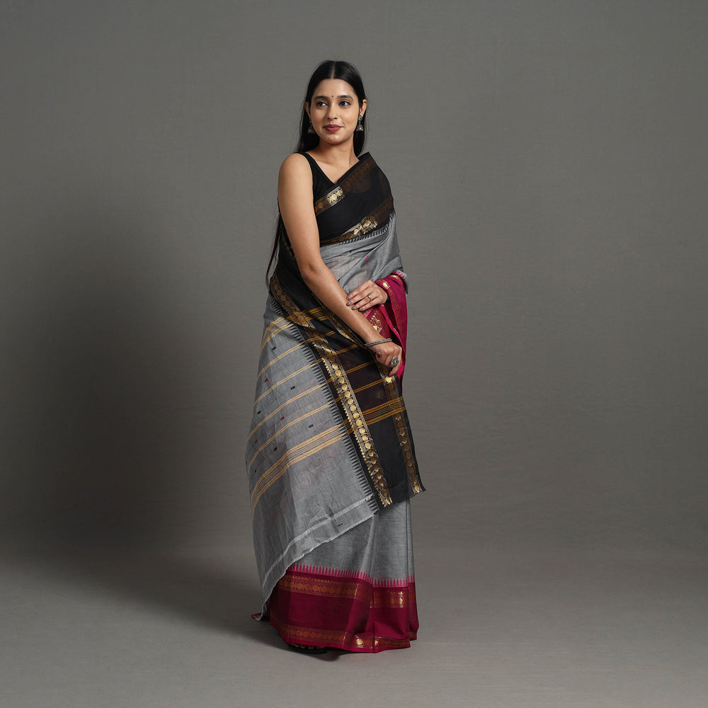 Grey - Kanchipuram Cotton Saree with Buti & Thread Border 37