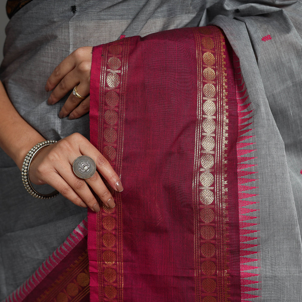 Grey - Kanchipuram Cotton Saree with Buti & Thread Border 37