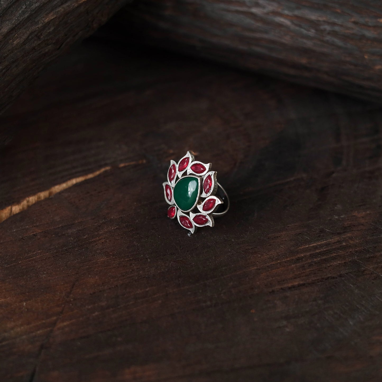 Multicolor - antique silver finish oxidised stone work ring