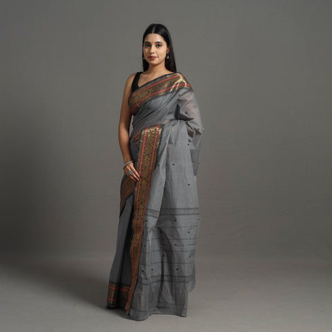 Grey Kanchipuram Cotton Saree with Buti & Thread Border 40