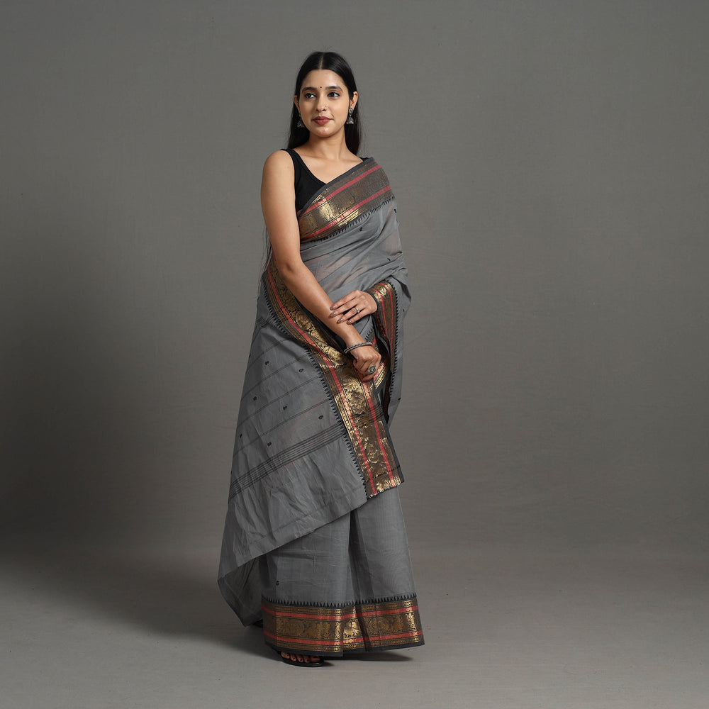 Grey Kanchipuram Cotton Saree with Buti & Thread Border 40