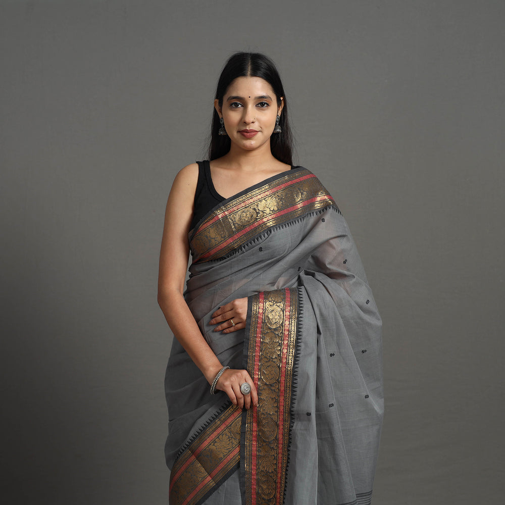 Grey Kanchipuram Cotton Saree with Buti & Thread Border 40