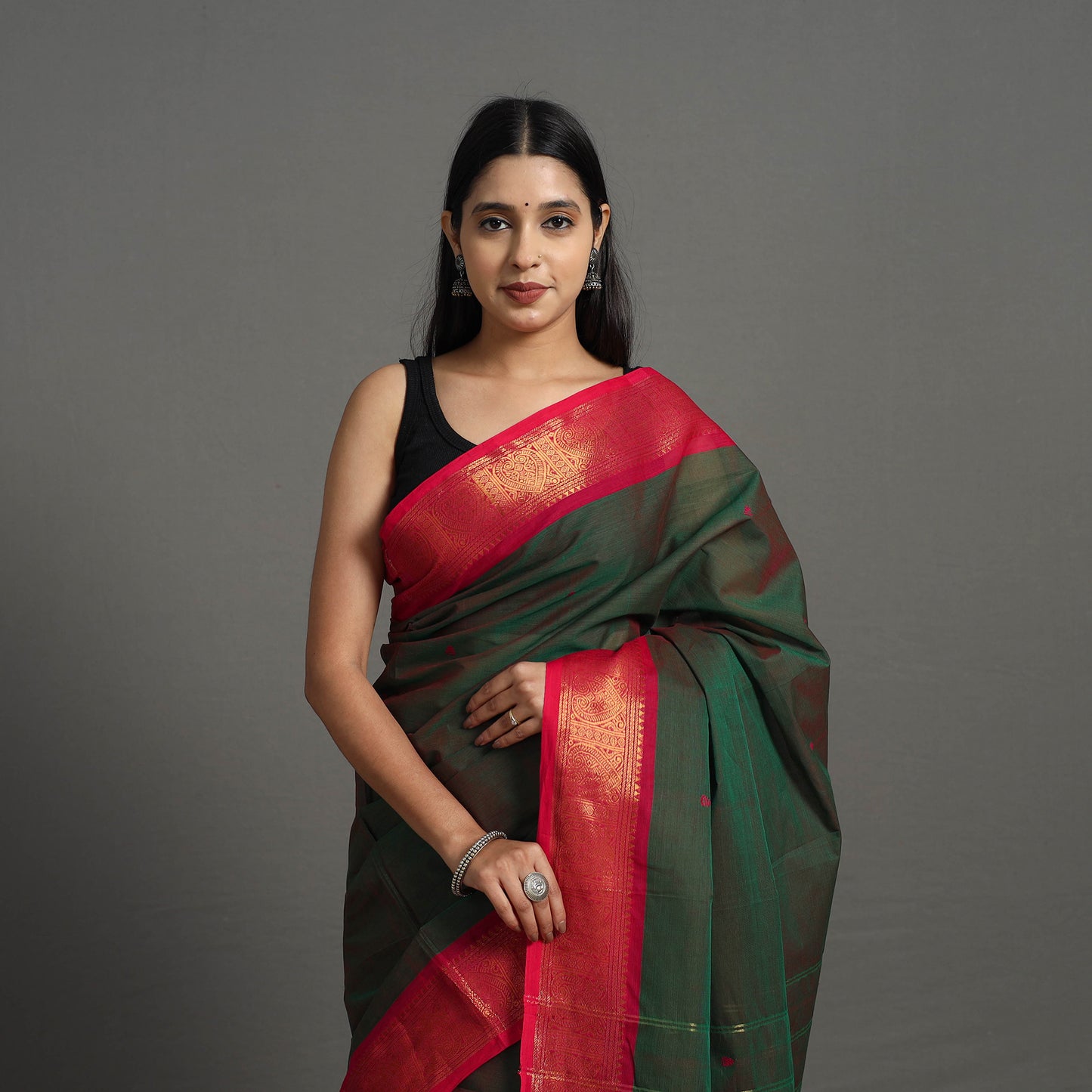 Green - Kanchipuram Cotton Saree with Buti & Thread Border 42