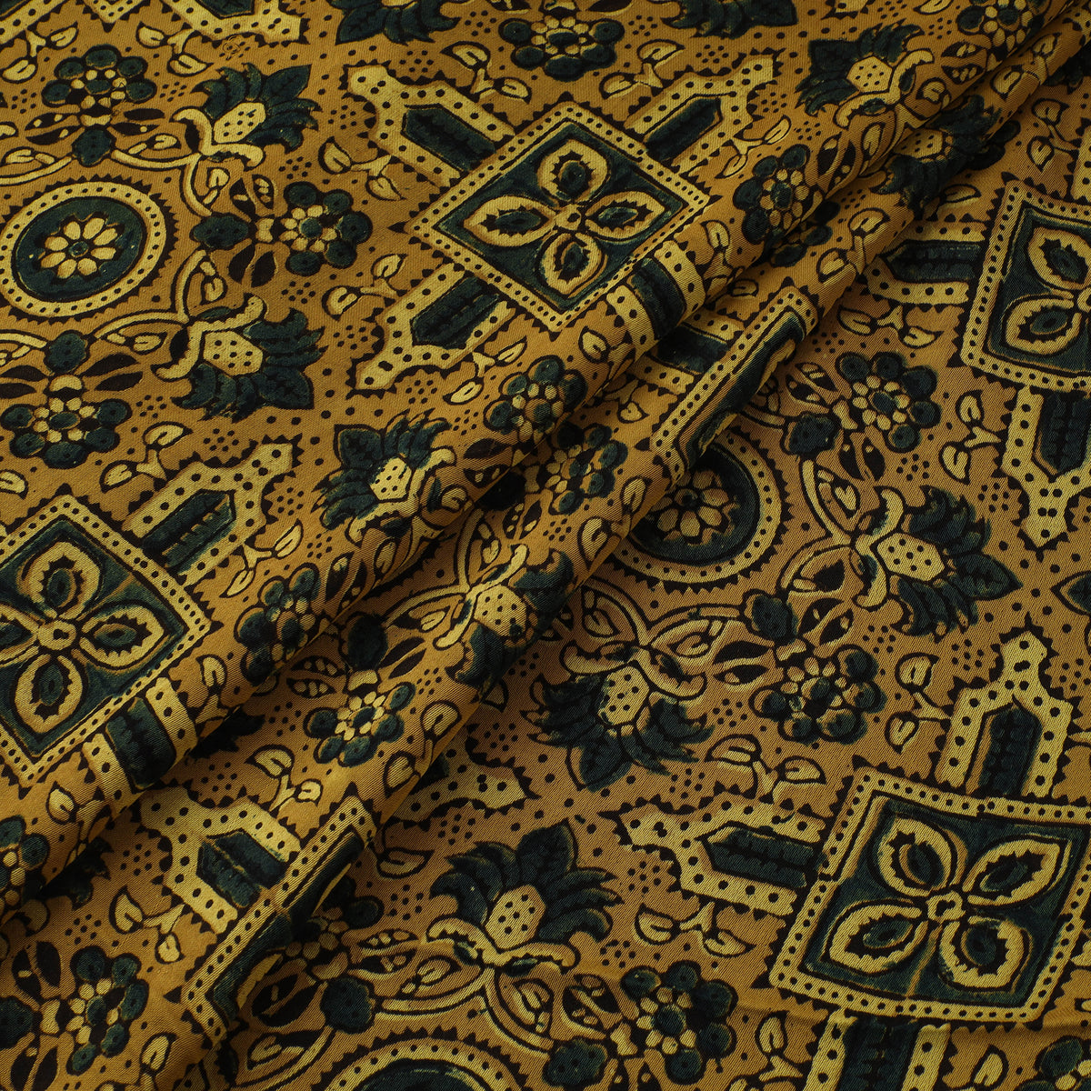 Yellow - Ajrakh Hand Block Print Natural Dyed Modal Silk Fabric 71