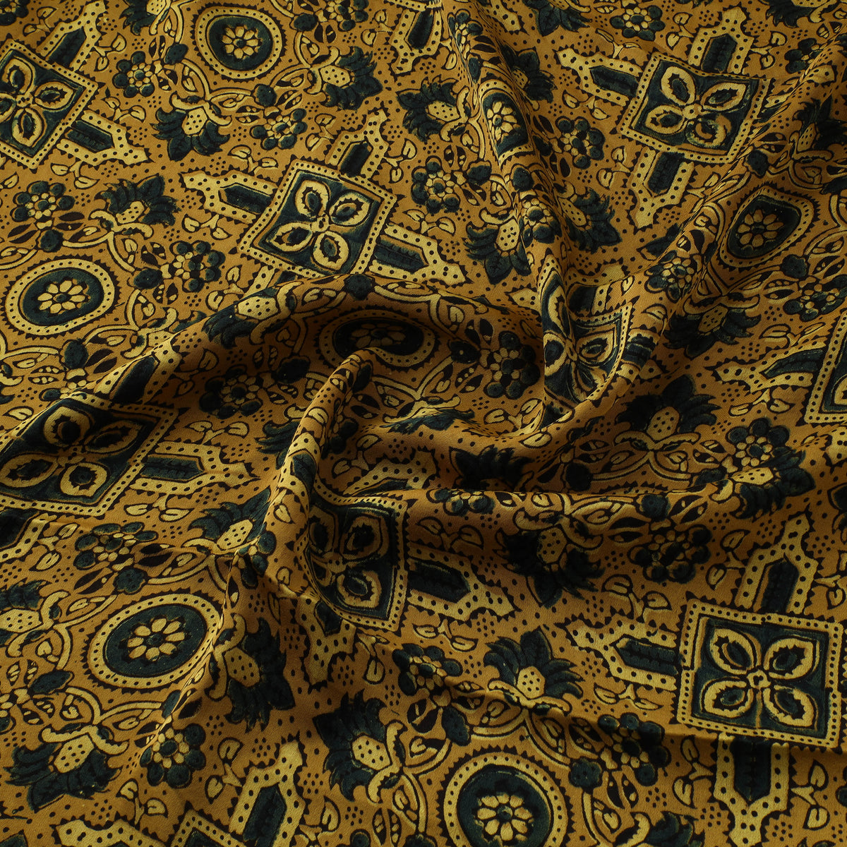 Yellow - Ajrakh Hand Block Print Natural Dyed Modal Silk Fabric 71