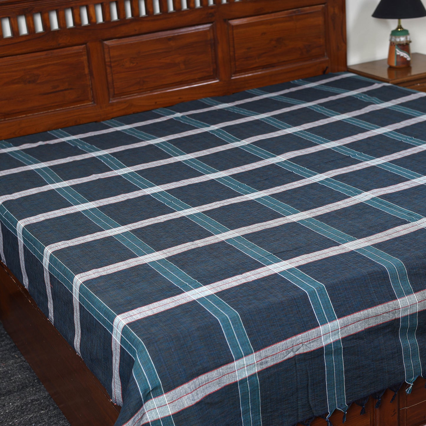Buy Blue Pure Handloom Double Cotton Bed Sheet 