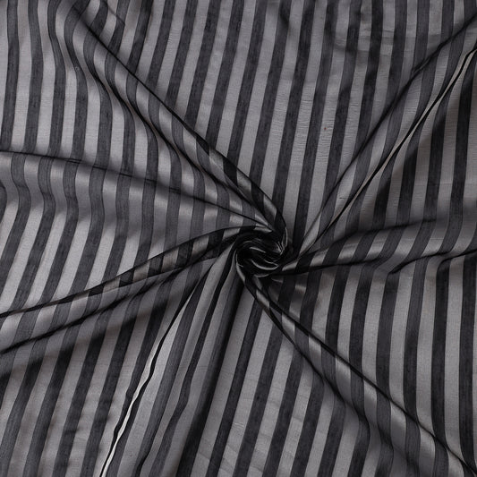Black - Traditional Chanderi Silk Handloom Zari Stripes Fabric