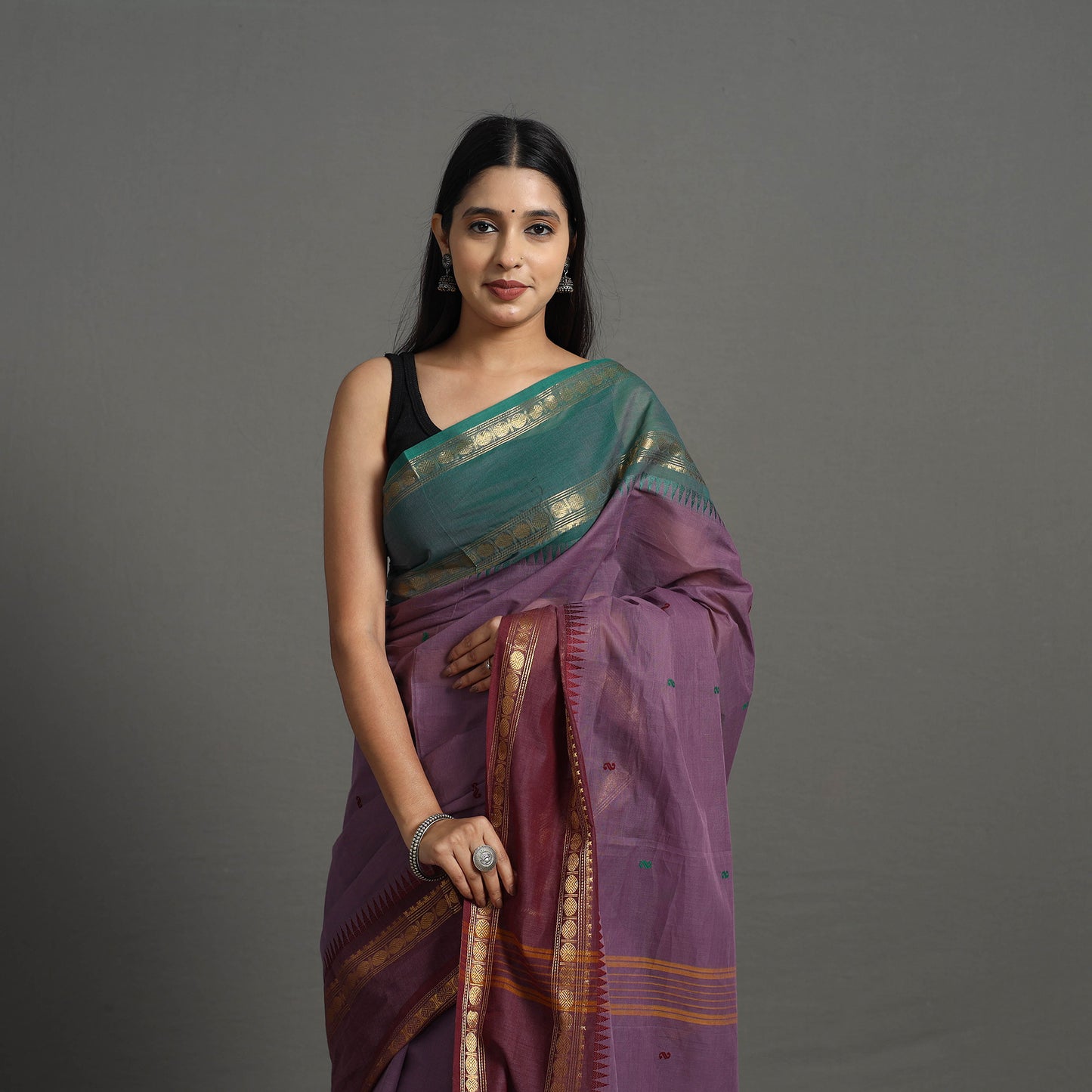 Purple - Kanchipuram Cotton Saree with Buti & Thread Border 44