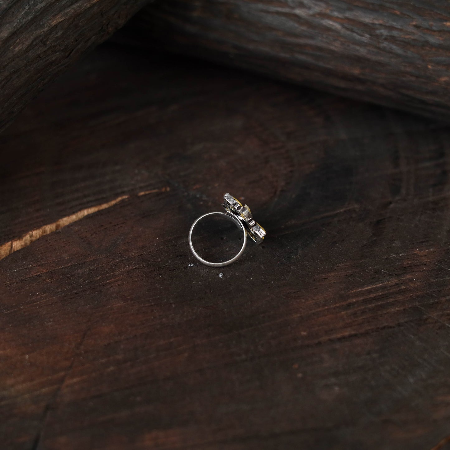 Yellow - antique silver finish oxidised stone work ring 69