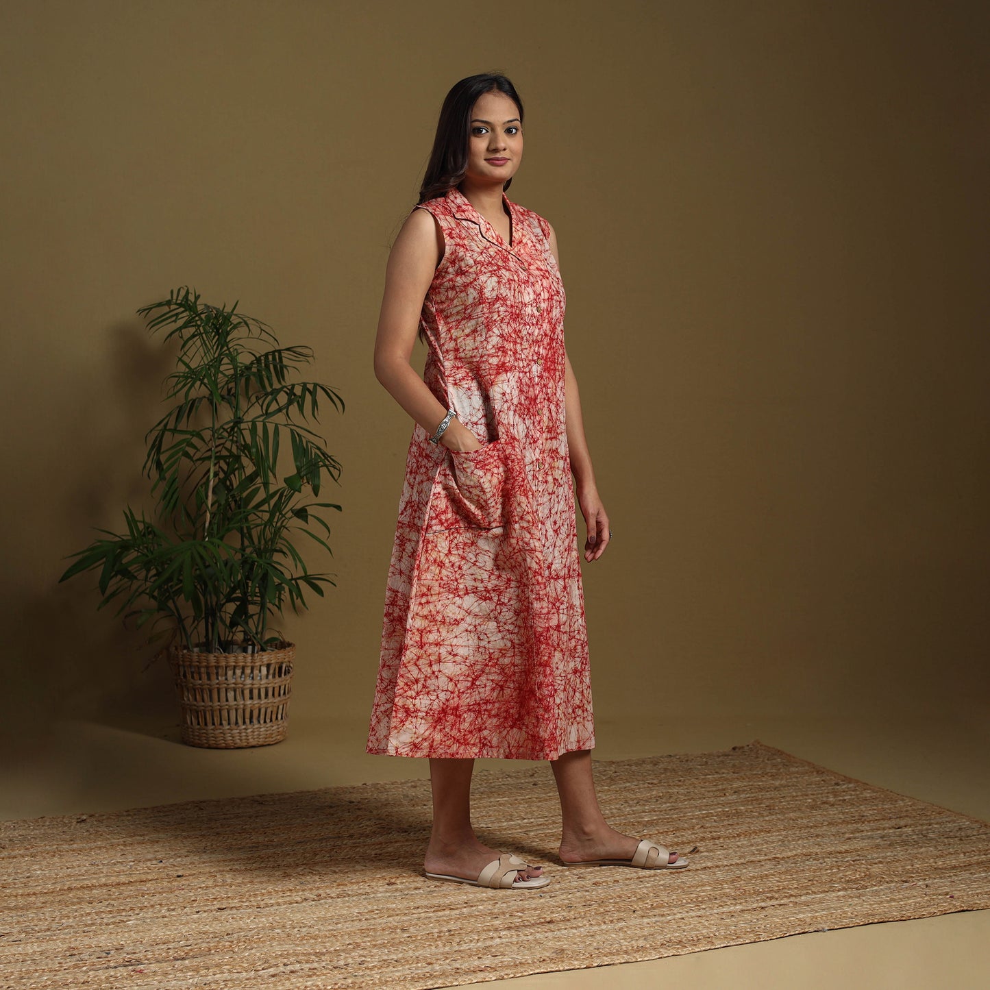 Red - button down cotton batik dress 04 - handcrafted