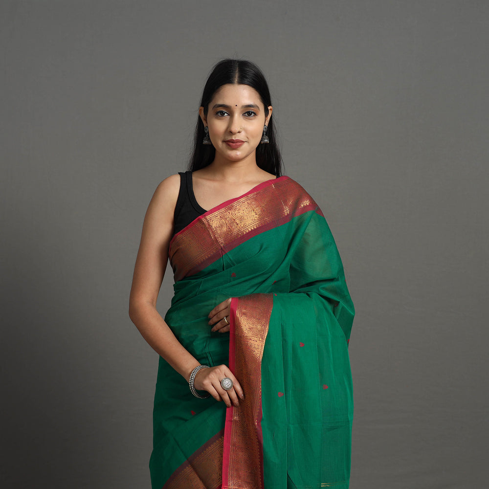 Green - Kanchipuram Cotton Saree with Buti & Thread Border 45