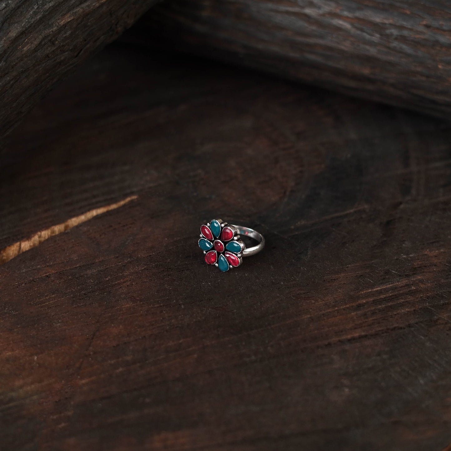 Multicolor - antique silver finish oxidised stone work ring