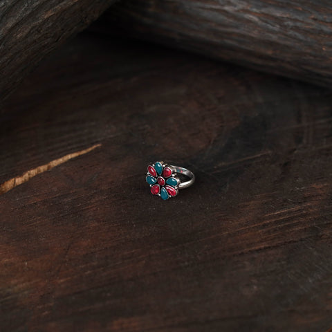 Multicolor - antique silver finish oxidised stone work ring