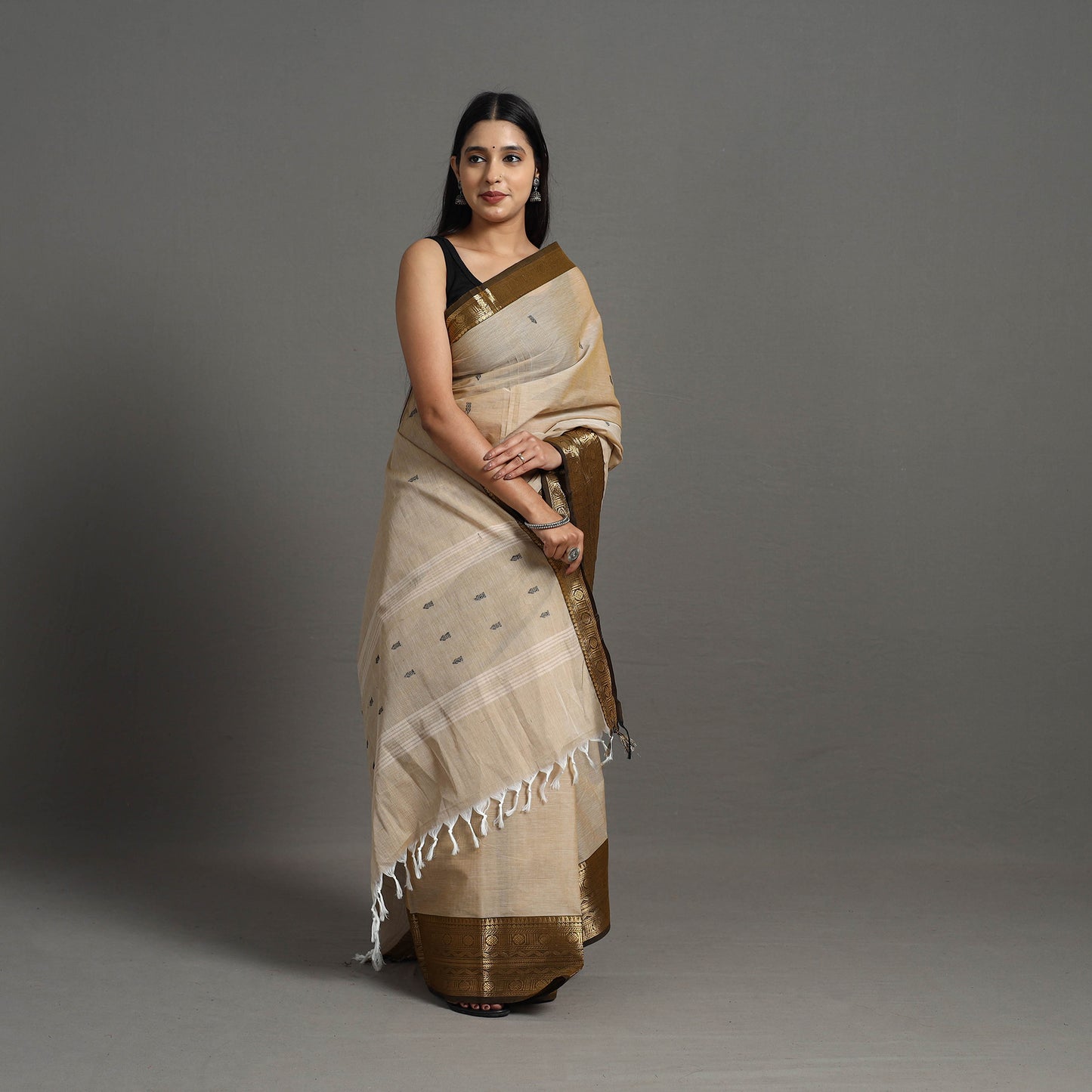 Beige - Kanchipuram Cotton Saree with Buti & Thread Border 46