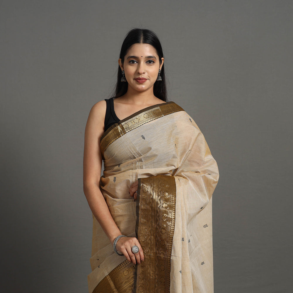 Beige - Kanchipuram Cotton Saree with Buti & Thread Border 46