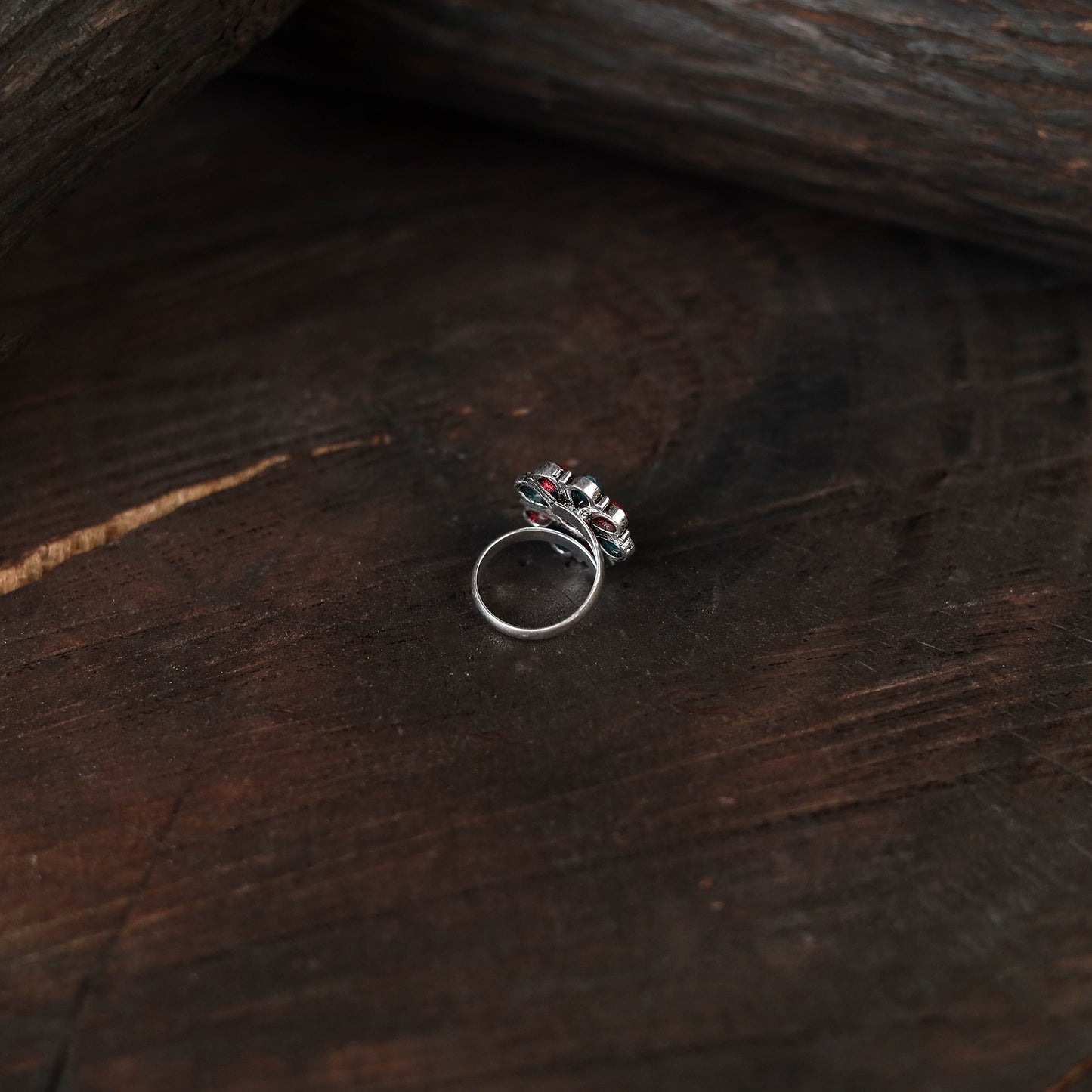 Multicolor - antique silver finish oxidised stone work ring