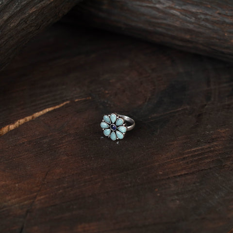Blue - antique silver finish oxidised stone work ring 76