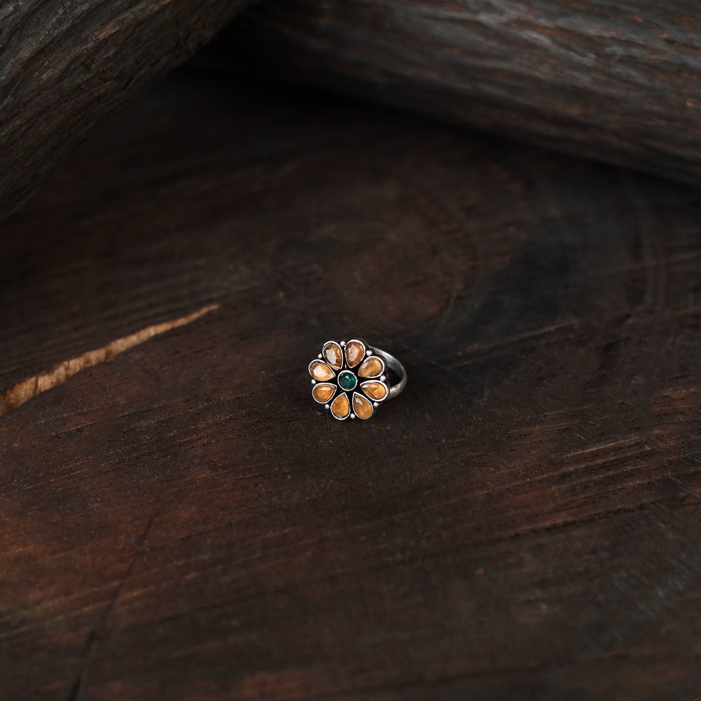 Orange - antique silver finish oxidised stone work ring 77