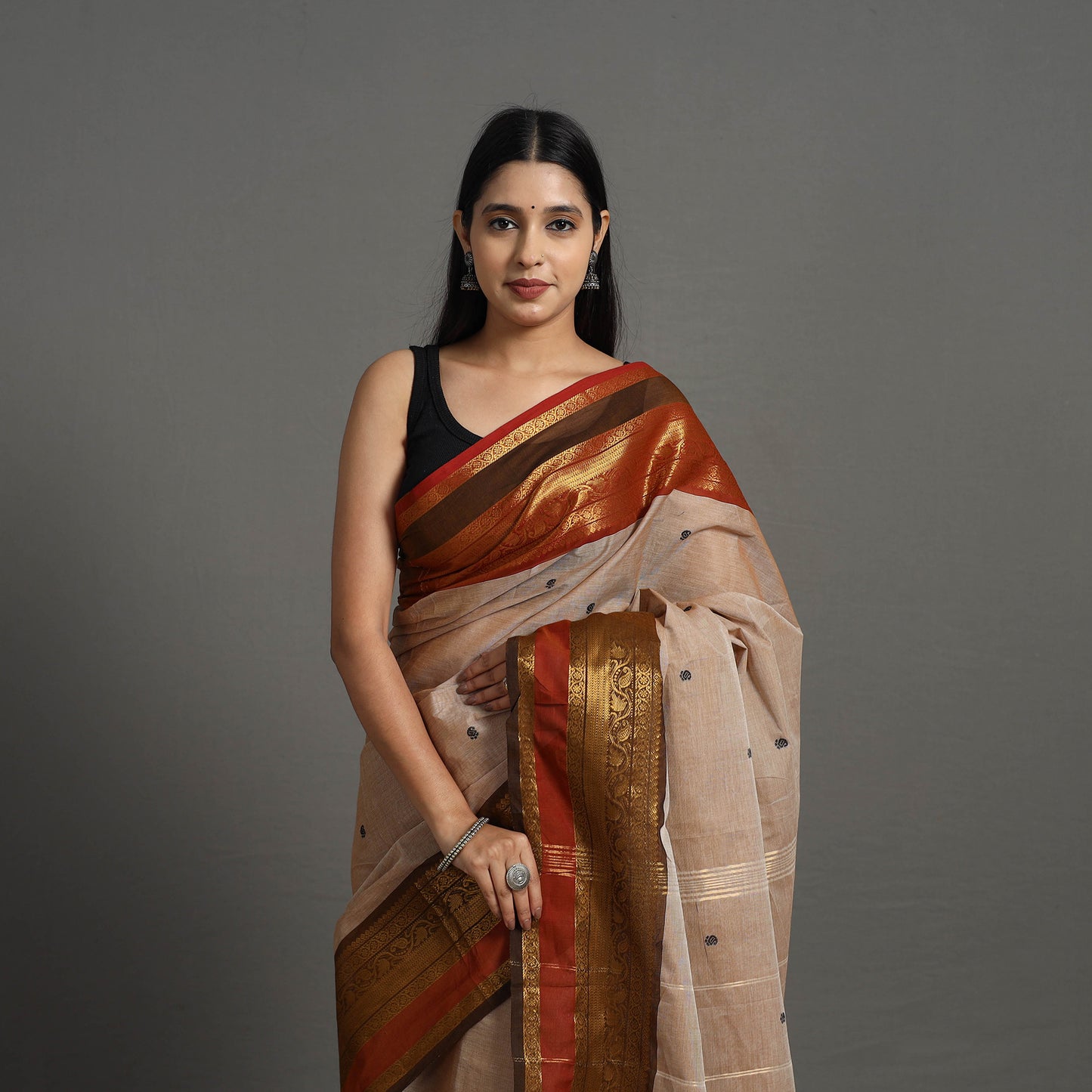 Brown - Kanchipuram Cotton Saree with Buti & Thread Border 47