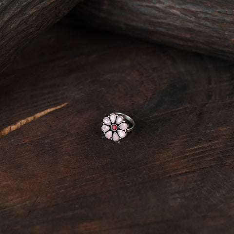 Pink - antique silver finish oxidised stone work ring 82
