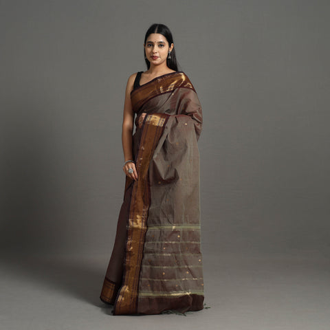 Brown - Kanchipuram Cotton Saree with Buti & Thread Border 49