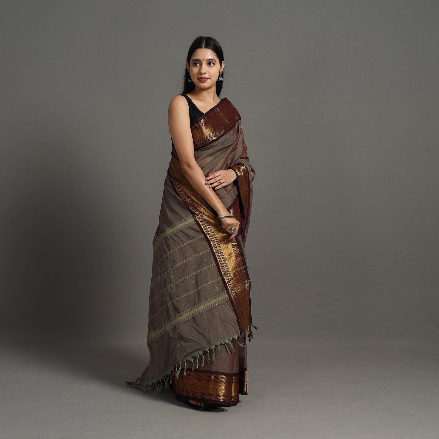 Brown - Kanchipuram Cotton Saree with Buti & Thread Border 49