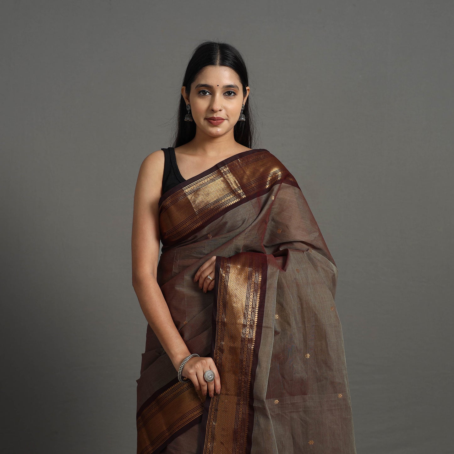 Brown - Kanchipuram Cotton Saree with Buti & Thread Border 49