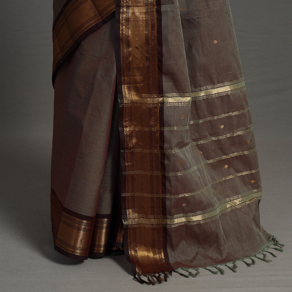 Brown - Kanchipuram Cotton Saree with Buti & Thread Border 49