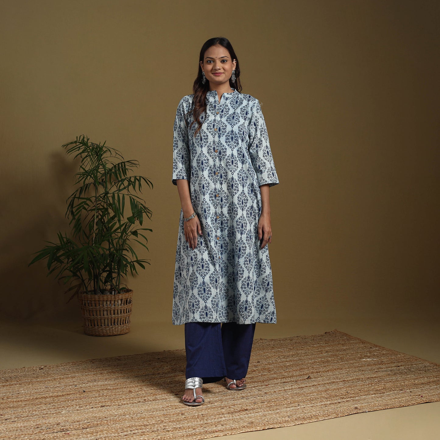 Blue - Natural Dyed Indigo Block Print Cotton A-Line Bagru Kurta 04