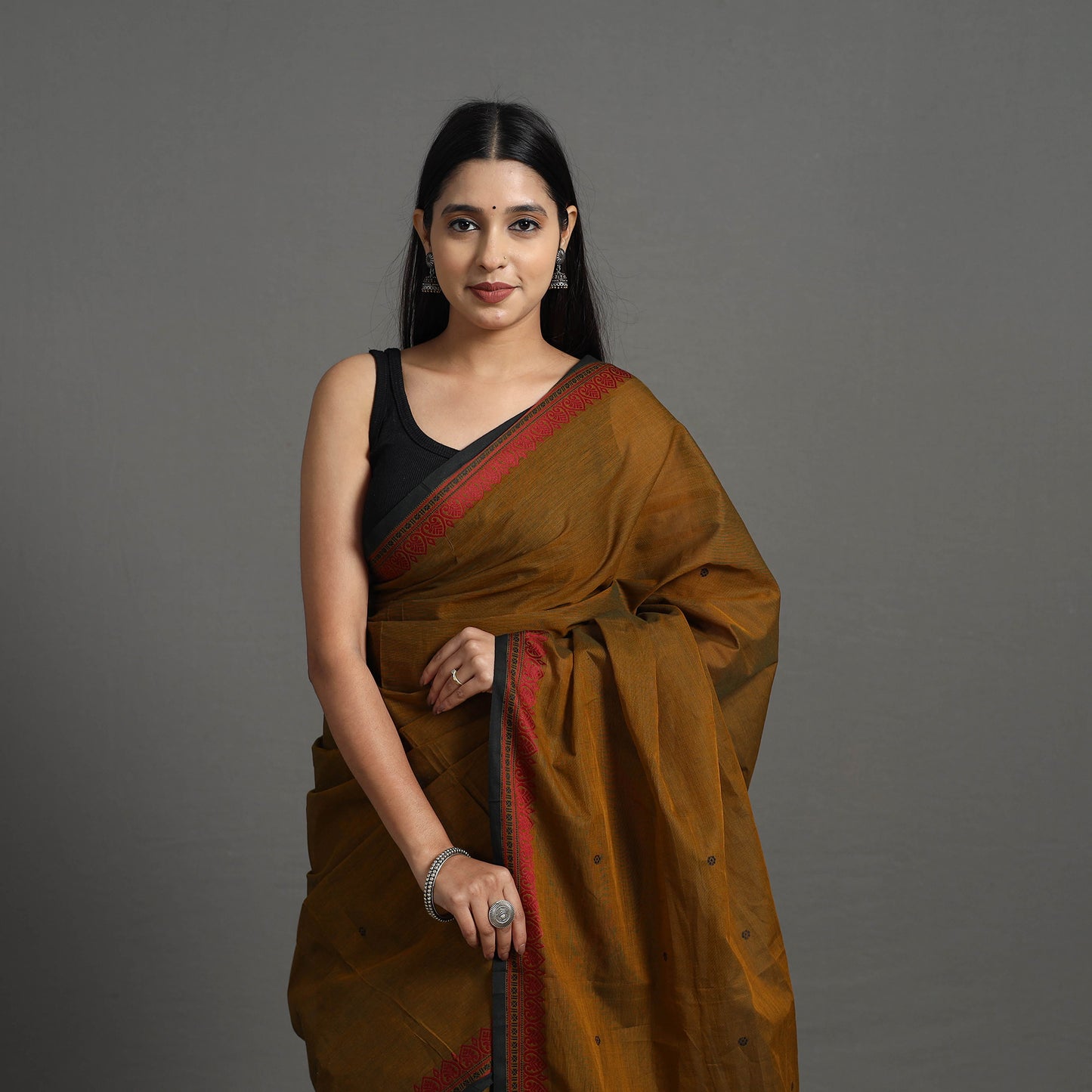 Brown - Kanchipuram Cotton Saree with Buti & Thread Border 50