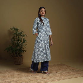 Blue - Natural Dyed Indigo Block Print Cotton A-Line Bagru Kurta 04