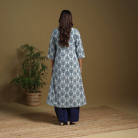 Blue - Natural Dyed Indigo Block Print Cotton A-Line Bagru Kurta 04