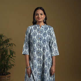 Blue - Natural Dyed Indigo Block Print Cotton A-Line Bagru Kurta 04