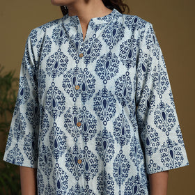 Blue - Natural Dyed Indigo Block Print Cotton A-Line Bagru Kurta 04