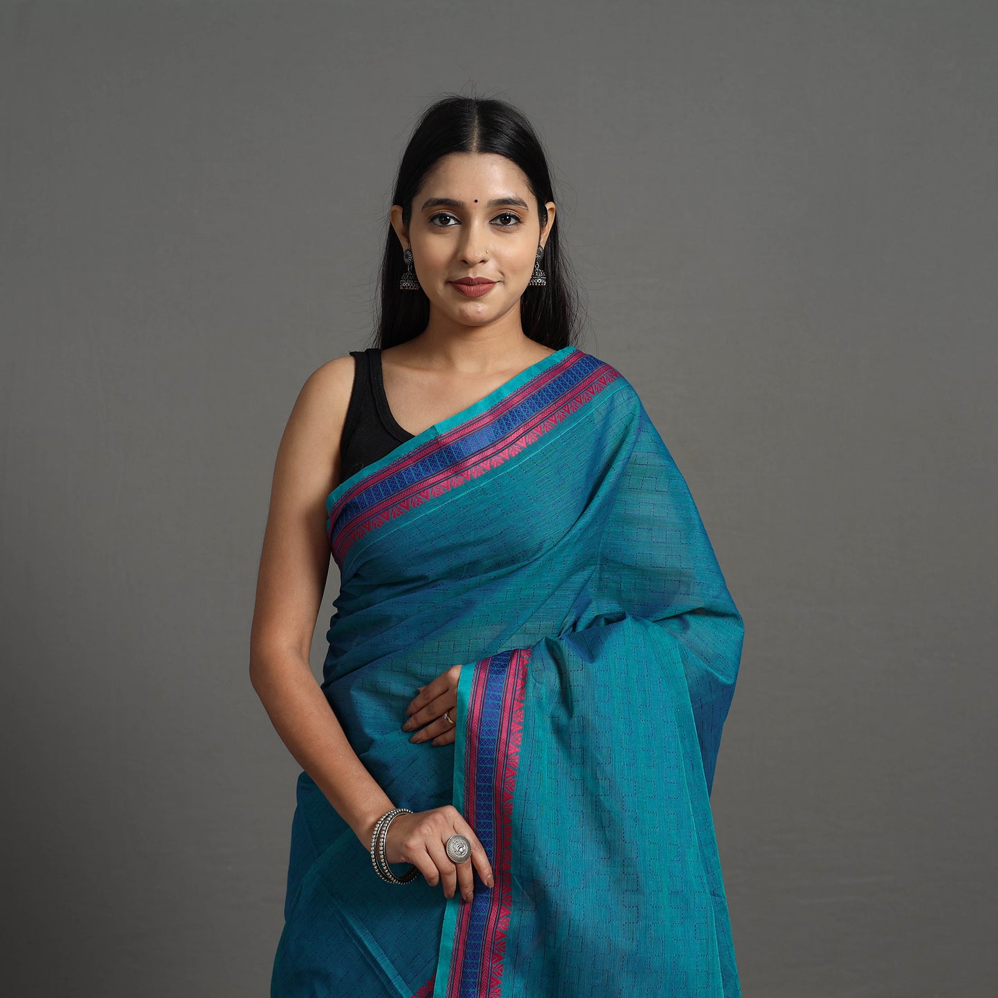 Blue - Kanchipuram Cotton Saree with Zig Zag Stripes 52