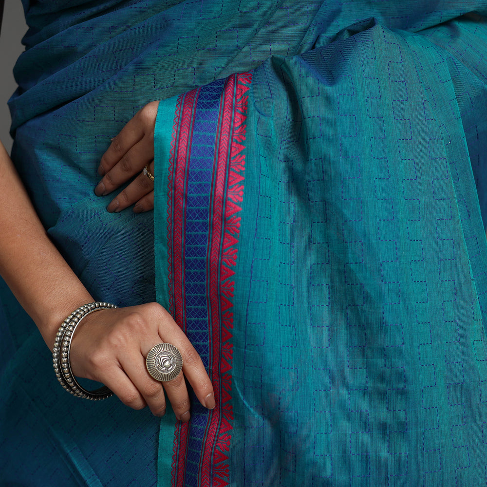 Blue - Kanchipuram Cotton Saree with Zig Zag Stripes 52