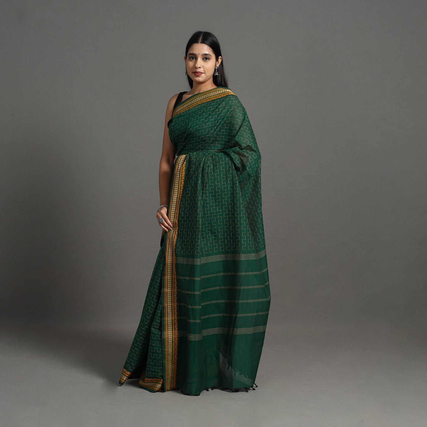 Green - Kanchipuram Cotton Saree with Zig Zag Stripes 51