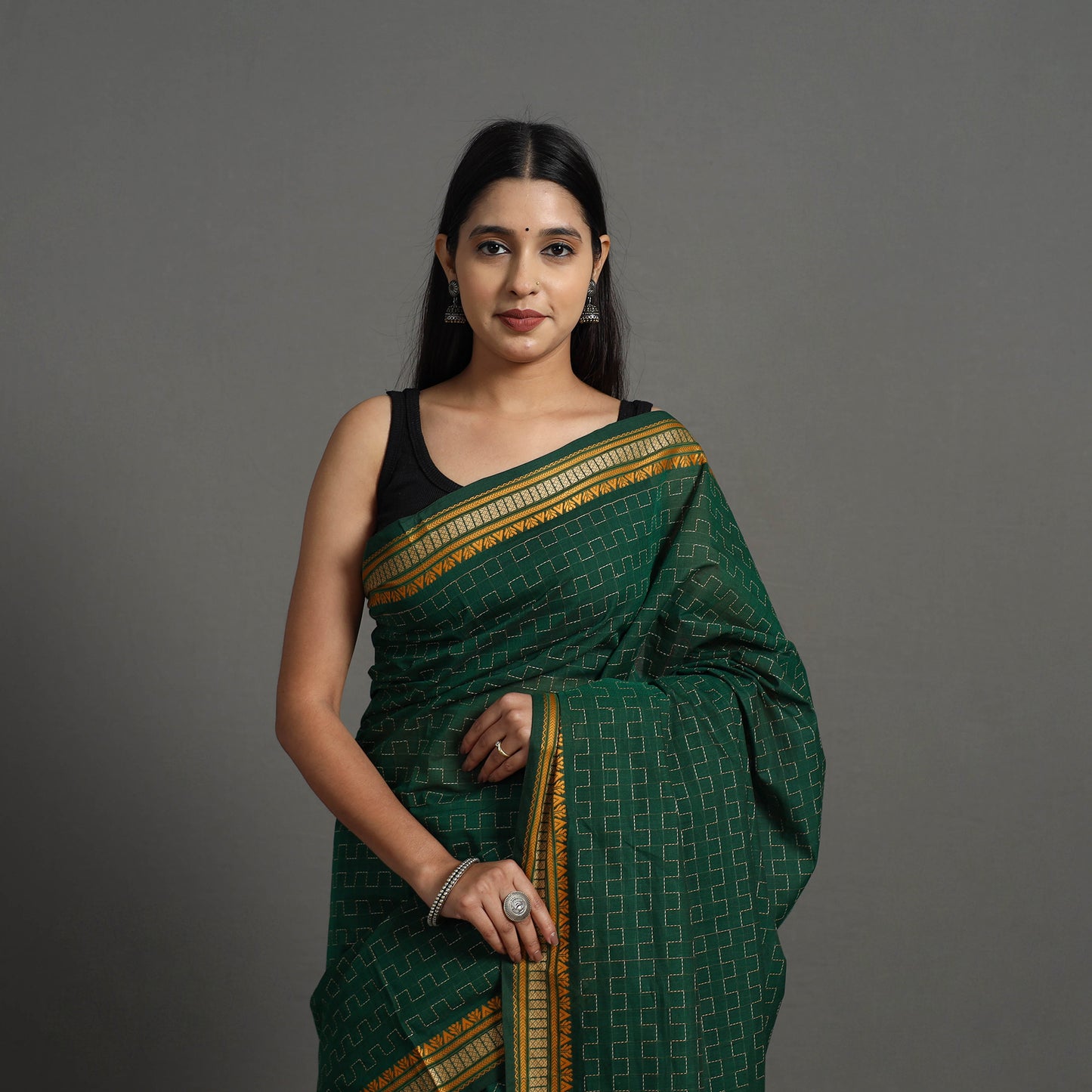 Green - Kanchipuram Cotton Saree with Zig Zag Stripes 51